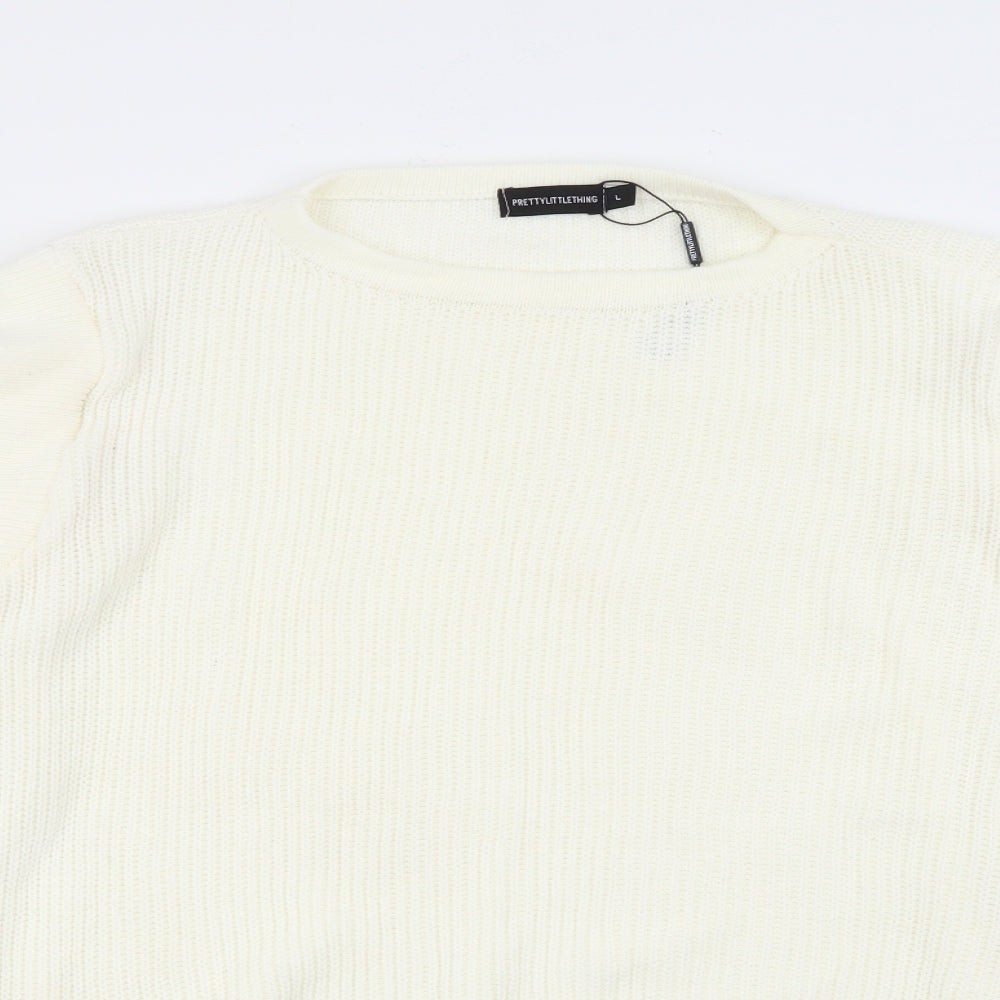 PRETTYLITTLETHING Womens White Scoop Neck  Acrylic Pullover Jumper Size L