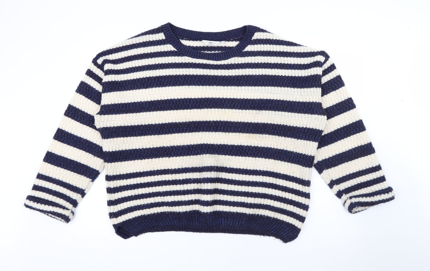 New Look Womens Blue Crew Neck Striped Acrylic Pullover Jumper Size 16
