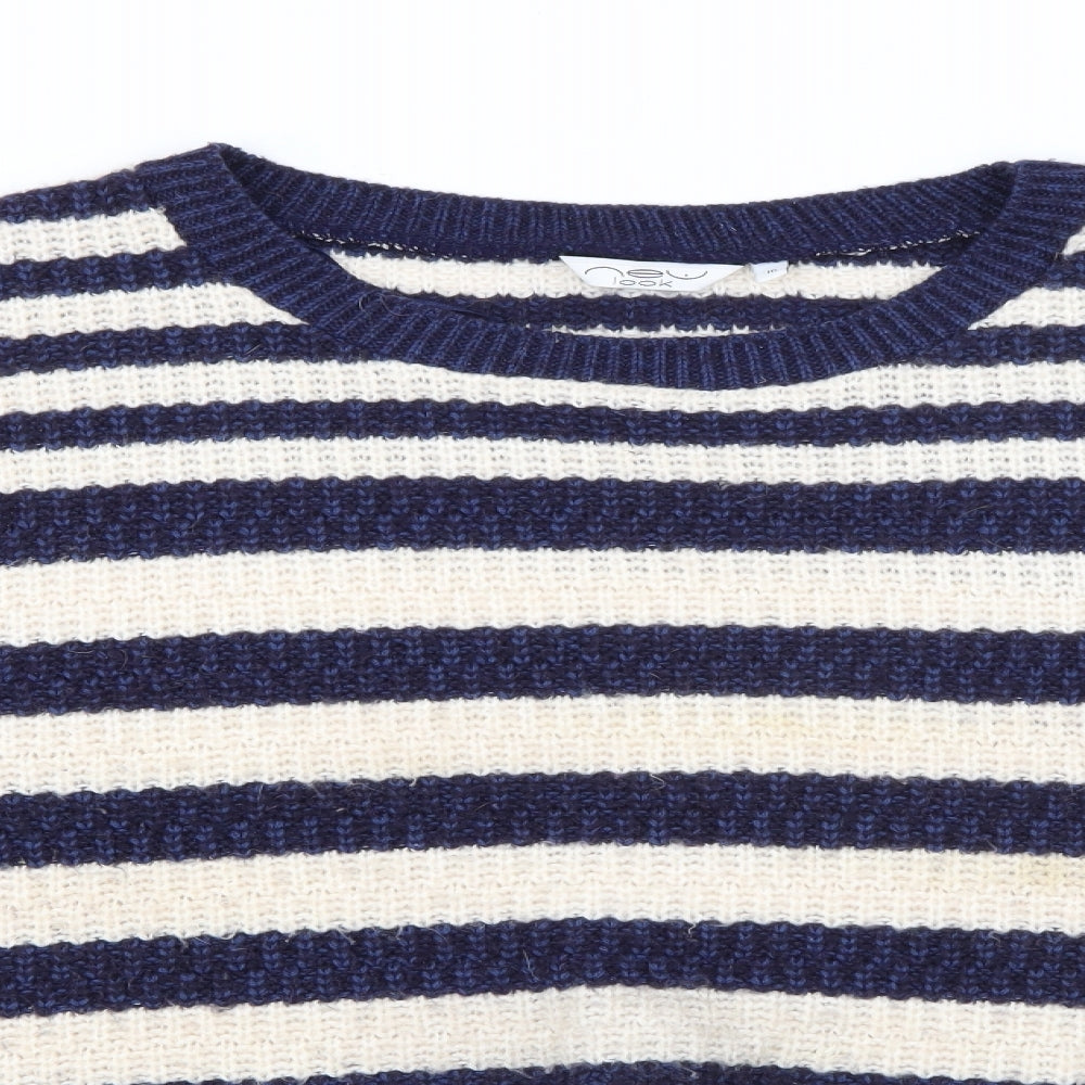 New Look Womens Blue Crew Neck Striped Acrylic Pullover Jumper Size 16