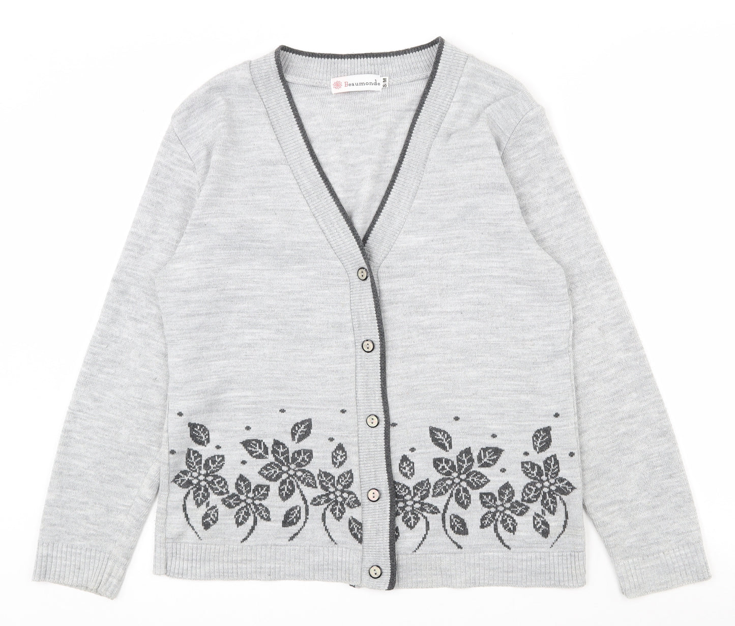 Beaumonde Womens Grey V-Neck Floral Acrylic Cardigan Jumper Size S   - S/M