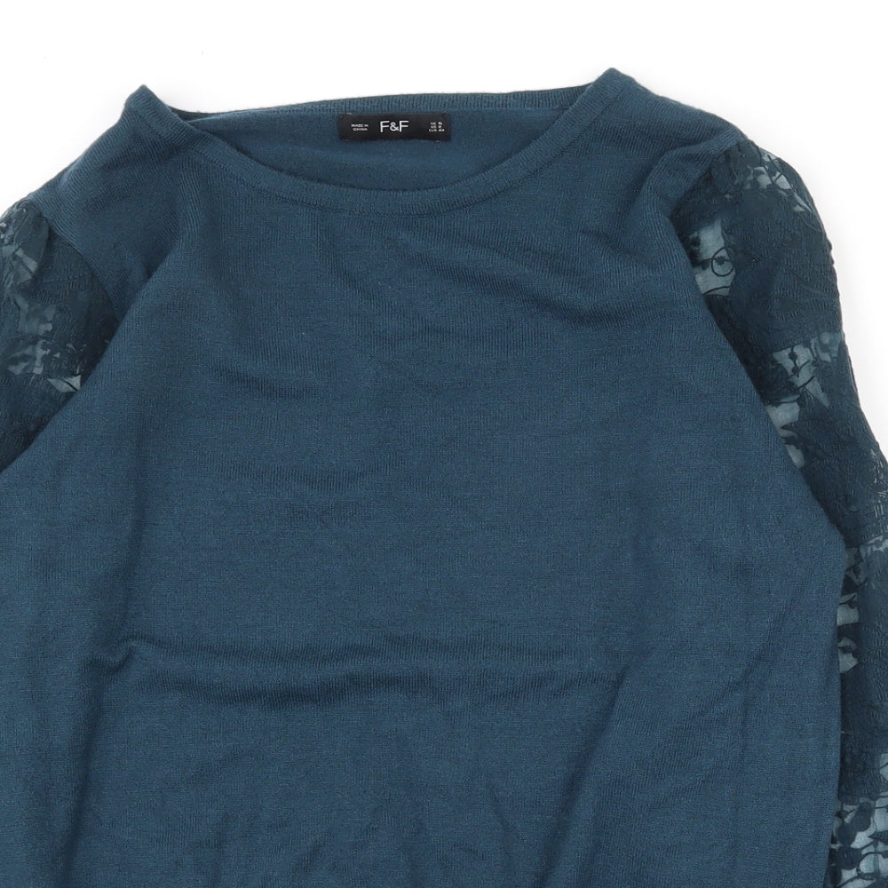 F&F Womens Green Round Neck  Viscose Pullover Jumper Size 16   - Lace sleeves