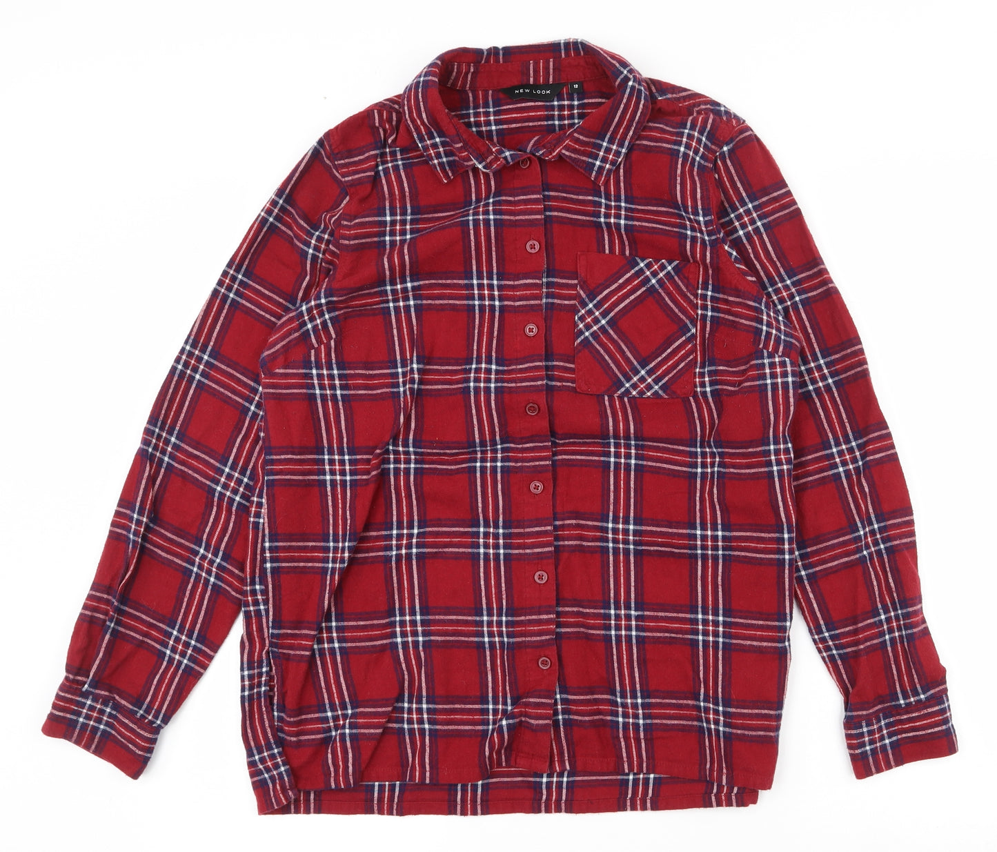 New Look  Womens Red Plaid 100% Cotton Basic Button-Up Size 12 Collared