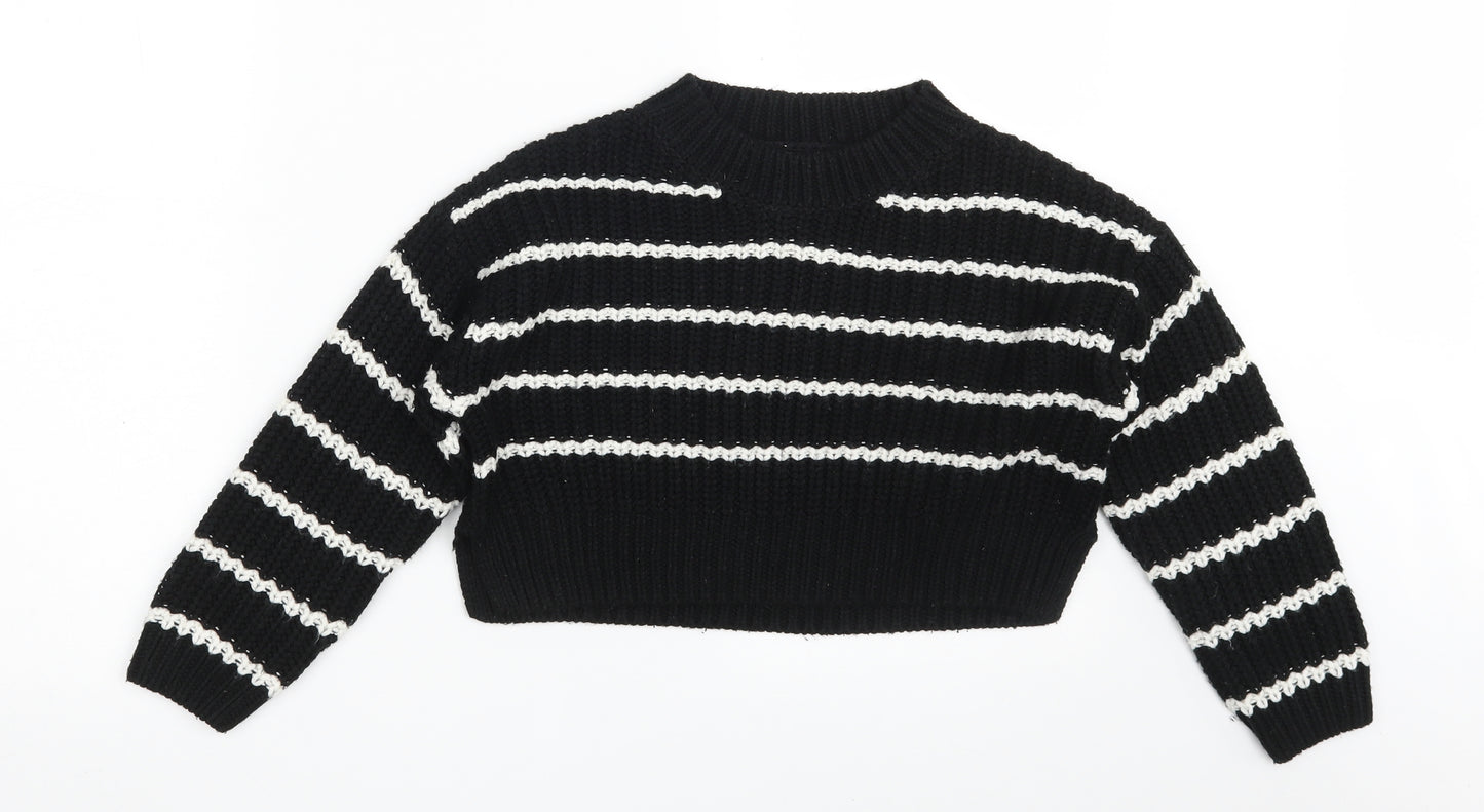 New Look Girls Black Round Neck Striped Acrylic Pullover Jumper Size 9 Years   - Cropped