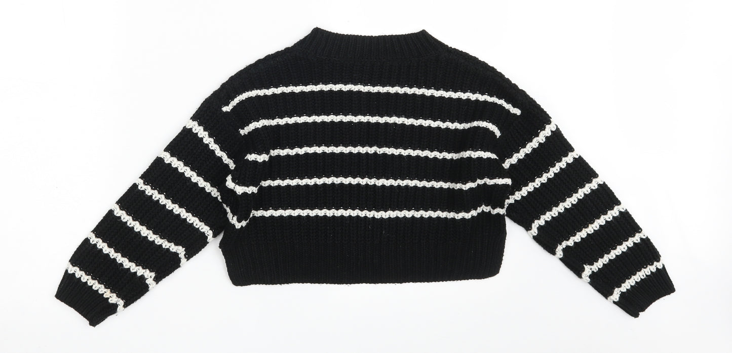 New Look Girls Black Round Neck Striped Acrylic Pullover Jumper Size 9 Years   - Cropped