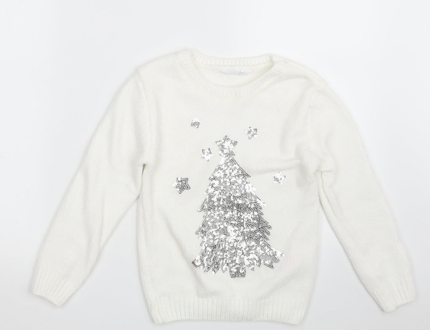 Primark Girls White Round Neck  100% Polyester Pullover Jumper Size 7-8 Years   - Christmas JUMPER