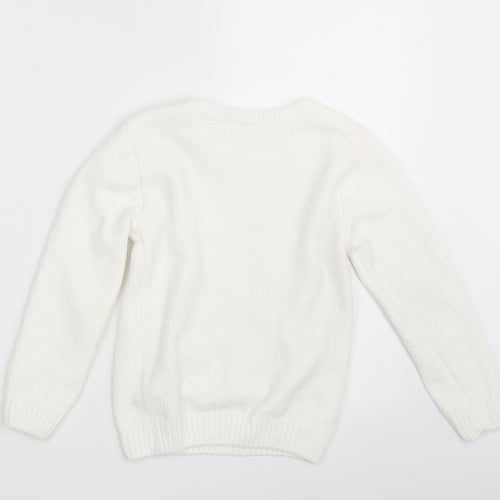Primark Girls White Round Neck  100% Polyester Pullover Jumper Size 7-8 Years   - Christmas JUMPER