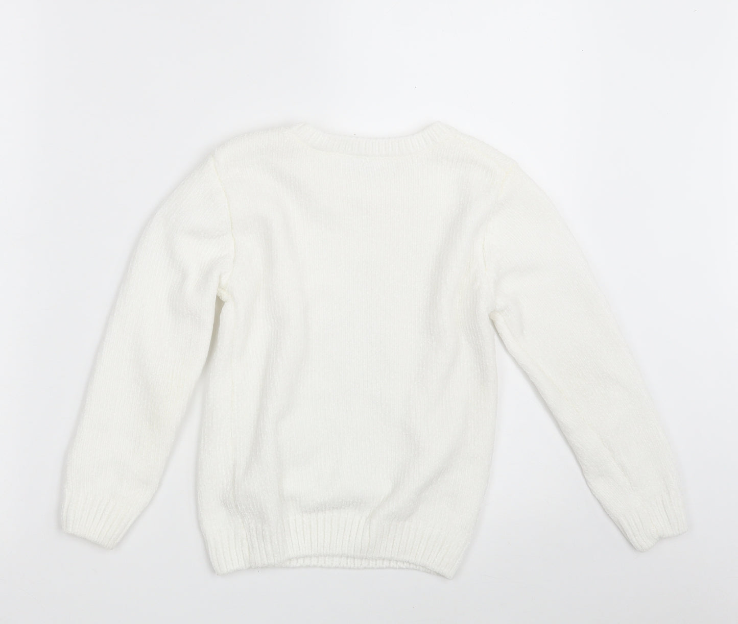 Primark Girls White Round Neck  100% Polyester Pullover Jumper Size 7-8 Years   - Christmas JUMPER