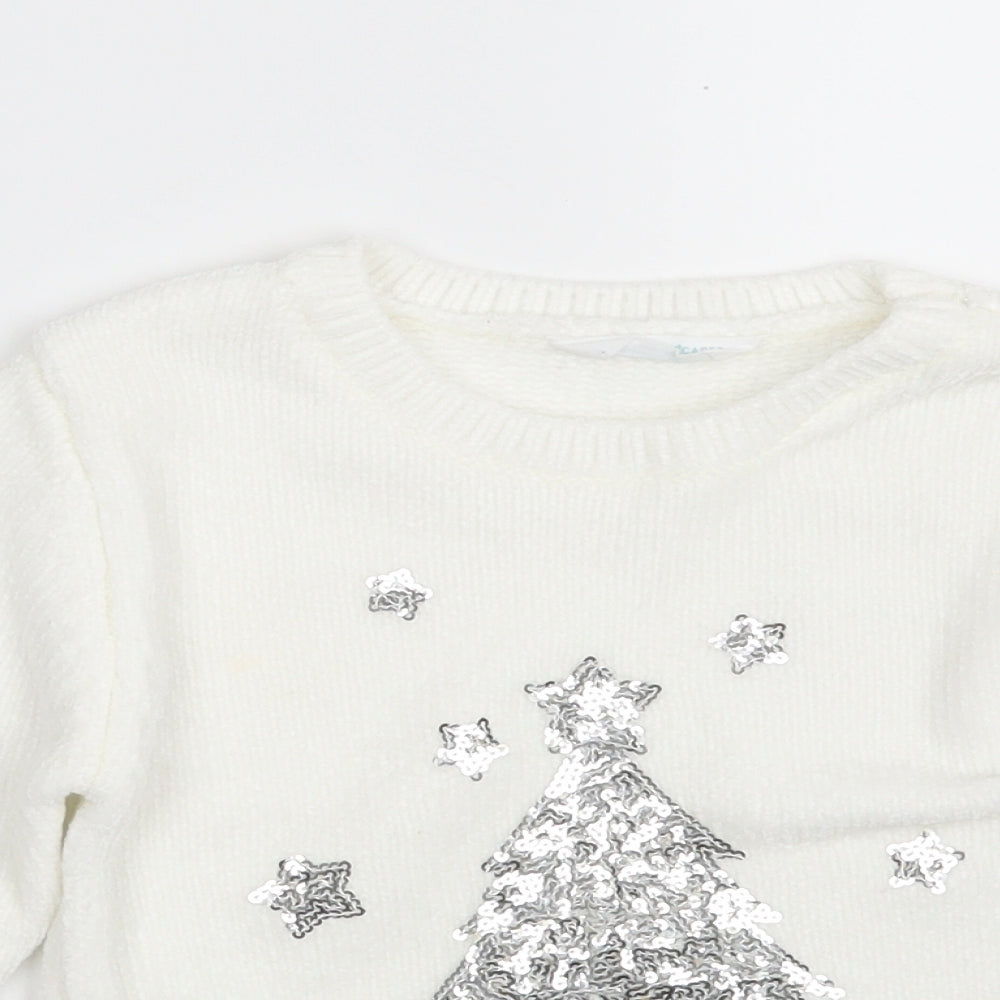 Primark Girls White Round Neck  100% Polyester Pullover Jumper Size 7-8 Years   - Christmas JUMPER