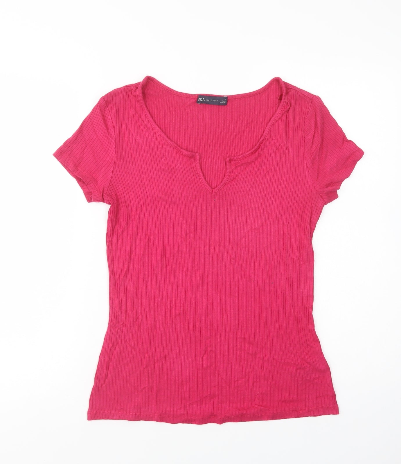 Marks and Spencer Womens Pink  Viscose Basic T-Shirt Size 12 V-Neck
