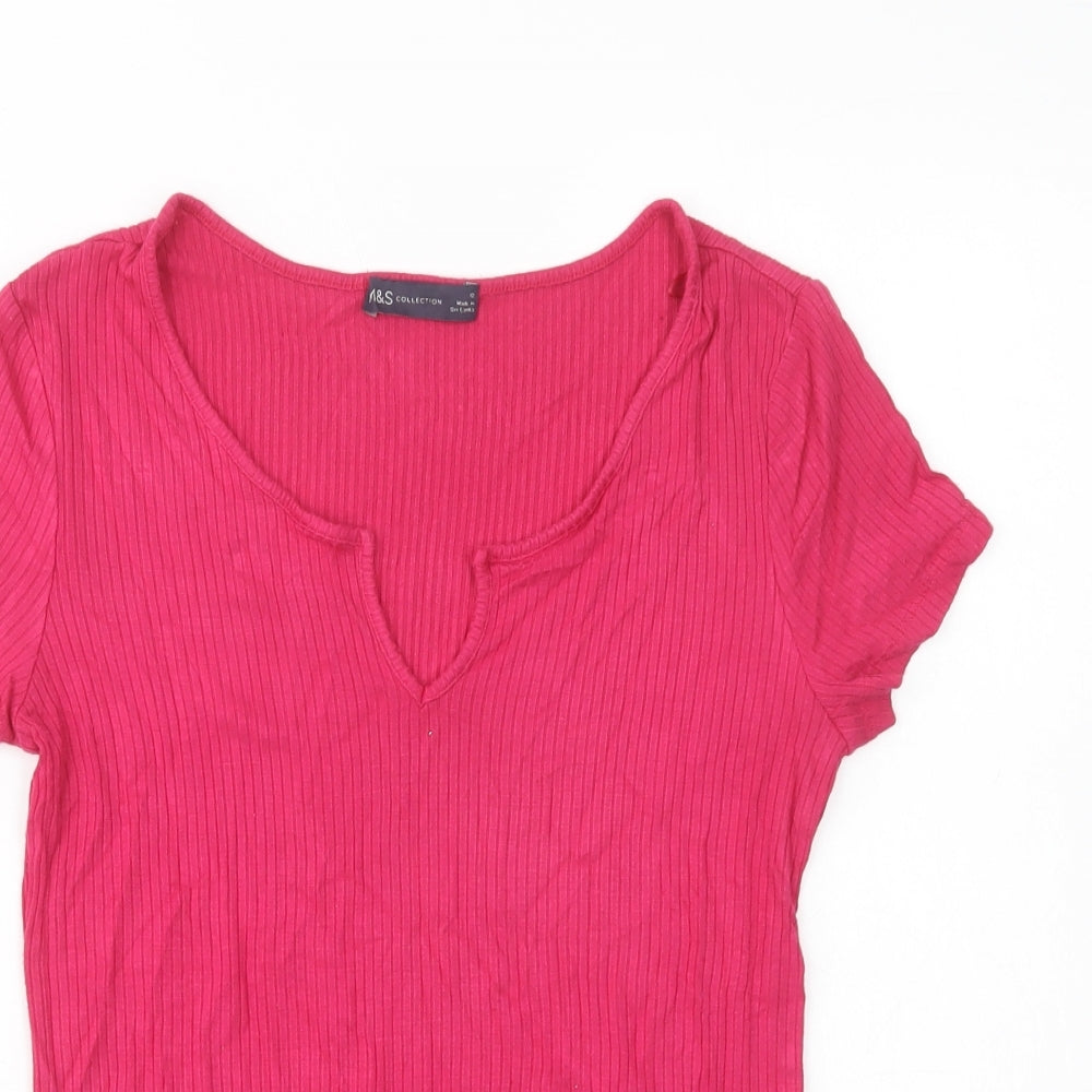 Marks and Spencer Womens Pink  Viscose Basic T-Shirt Size 12 V-Neck