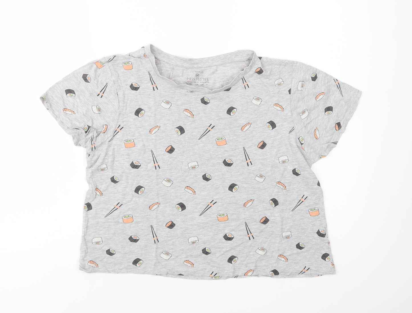 Primark Womens Grey Geometric Cotton Basic T-Shirt Size M Crew Neck - Sushi
