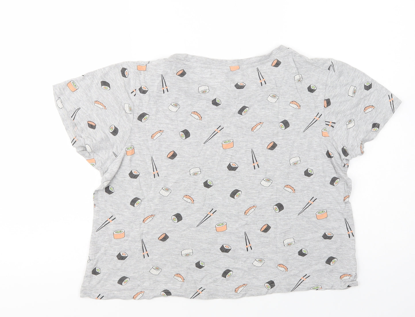 Primark Womens Grey Geometric Cotton Basic T-Shirt Size M Crew Neck - Sushi
