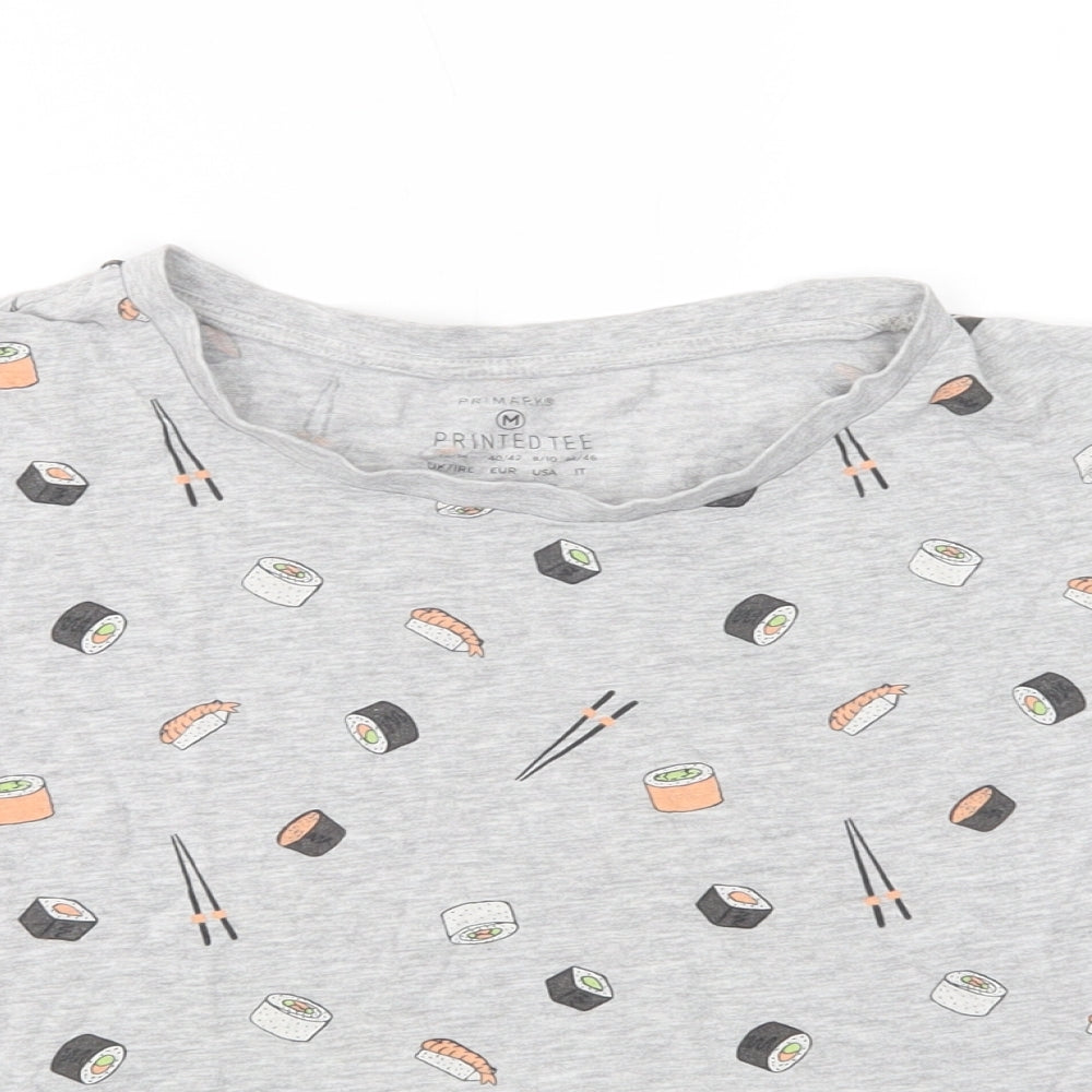 Primark Womens Grey Geometric Cotton Basic T-Shirt Size M Crew Neck - Sushi