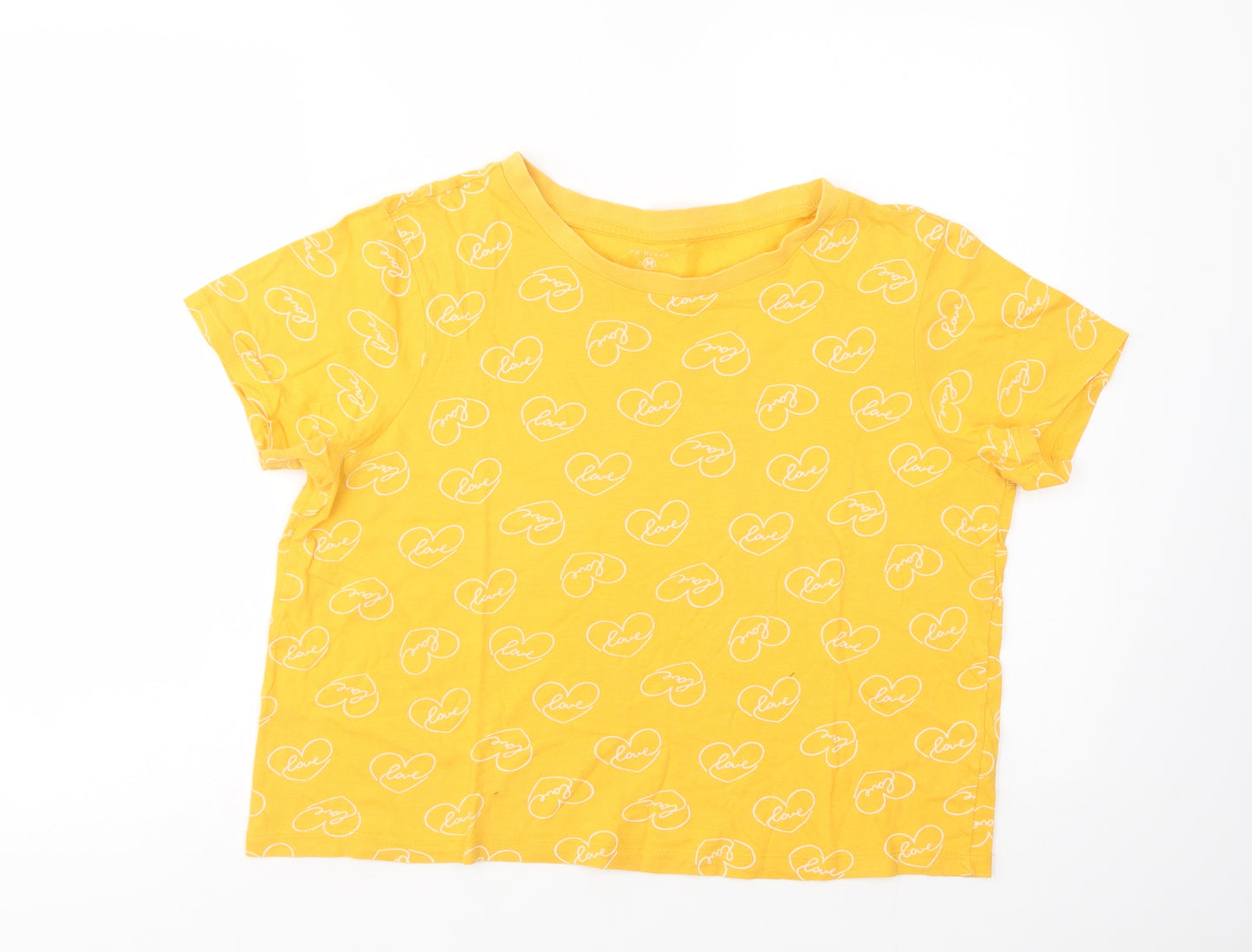 Primark Womens Yellow Geometric Cotton Basic T-Shirt Size M Crew Neck - Love