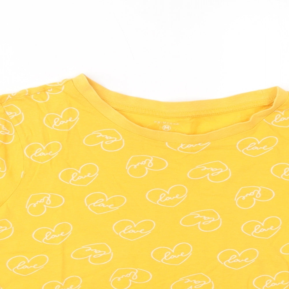Primark Womens Yellow Geometric Cotton Basic T-Shirt Size M Crew Neck - Love