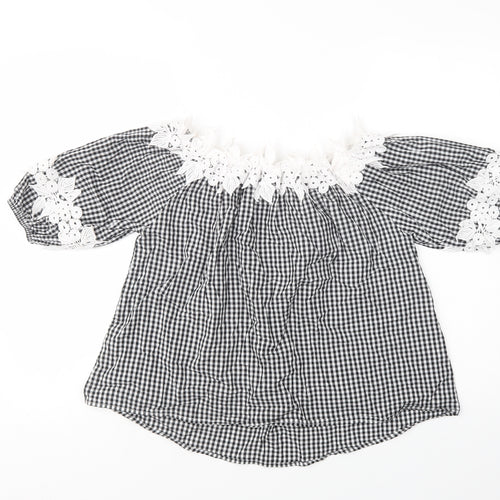 Preworn Womens Black Check Cotton Basic Blouse Size M Off the Shoulder - Lace Detail