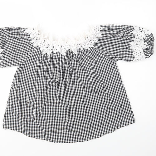 Preworn Womens Black Check Cotton Basic Blouse Size M Off the Shoulder - Lace Detail