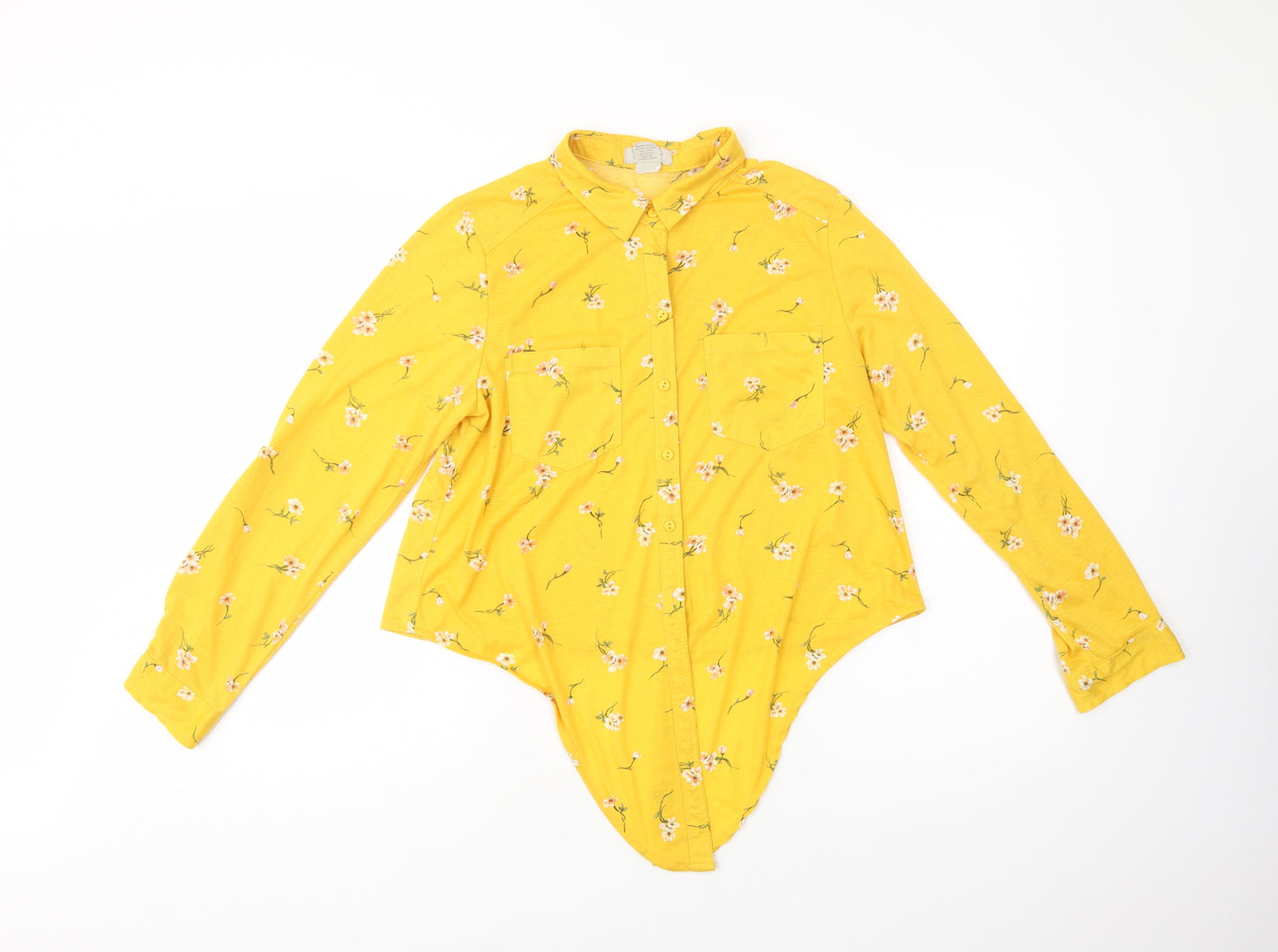 Passport Womens Yellow Floral Polyester Camisole Button-Up Size L Collared
