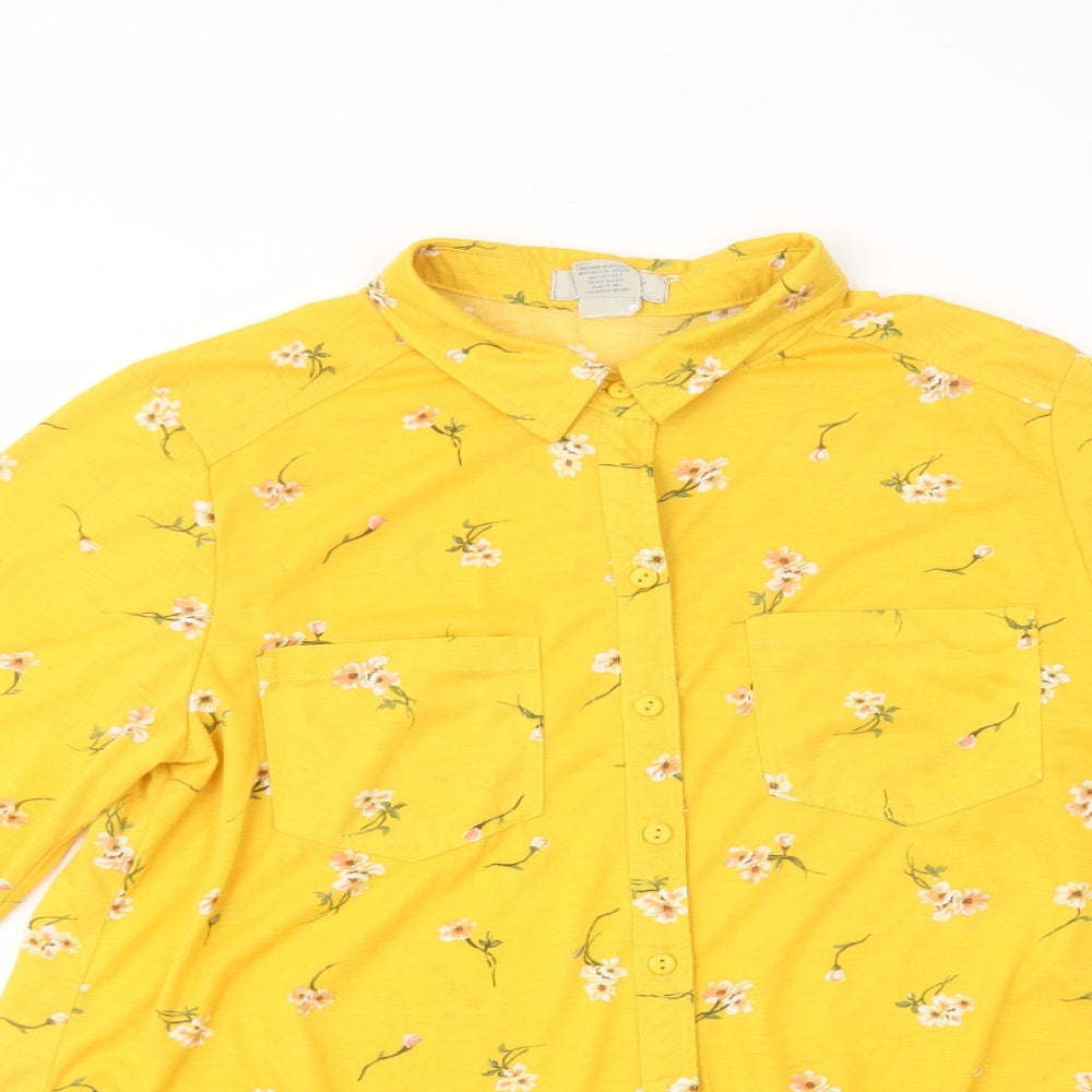Passport Womens Yellow Floral Polyester Camisole Button-Up Size L Collared