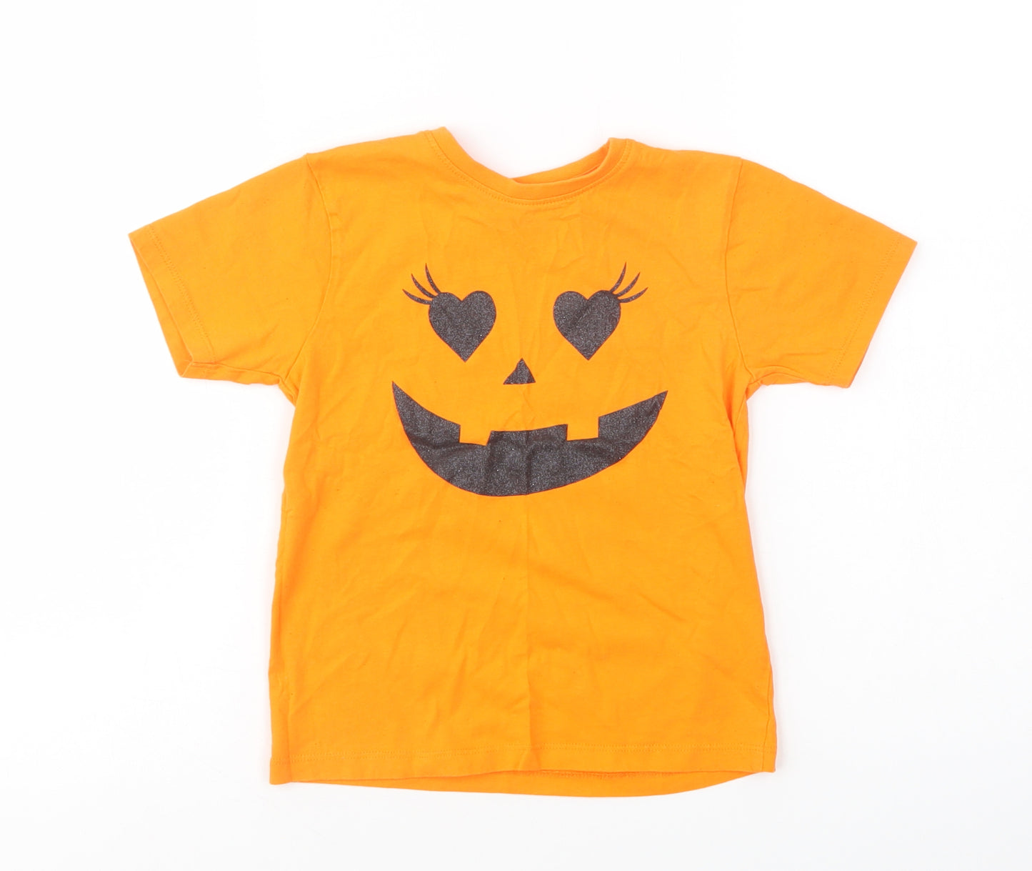 Jeff & Co Girls Orange  Cotton Basic T-Shirt Size 4-5 Years Crew Neck Pullover - Smile