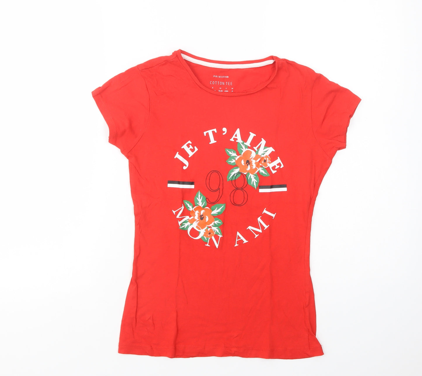 Primark Womens Red  Cotton Basic T-Shirt Size 6 Crew Neck - Je T'aime