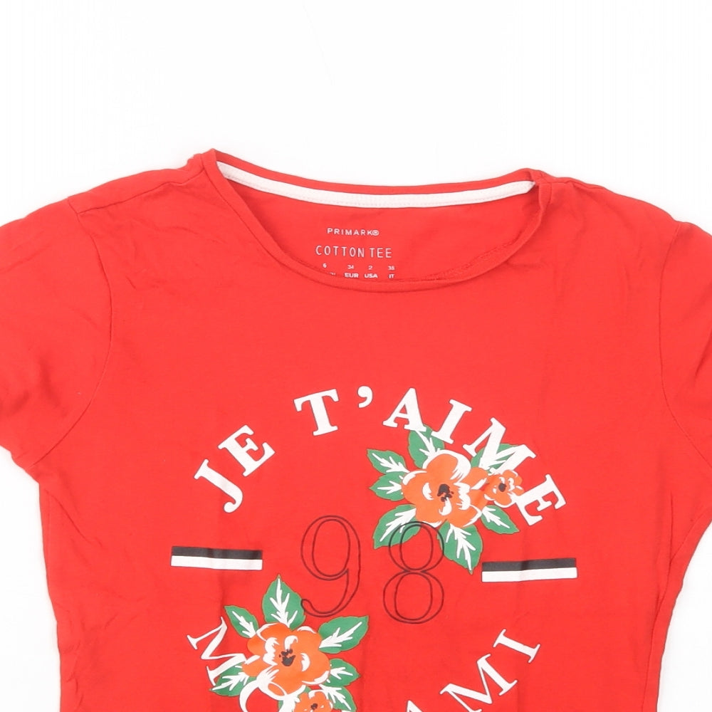 Primark Womens Red  Cotton Basic T-Shirt Size 6 Crew Neck - Je T'aime