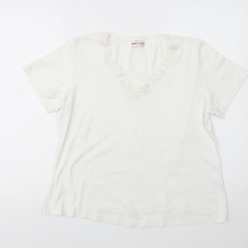 Bonmarché Womens White  Cotton Basic T-Shirt Size L V-Neck - Lace Detail