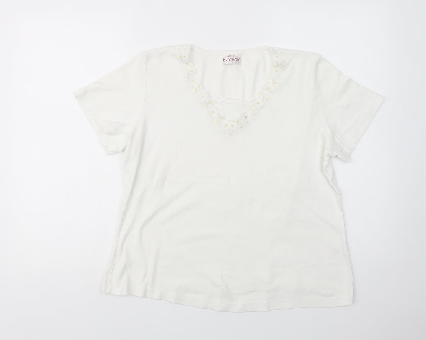 Bonmarché Womens White  Cotton Basic T-Shirt Size L V-Neck - Lace Detail