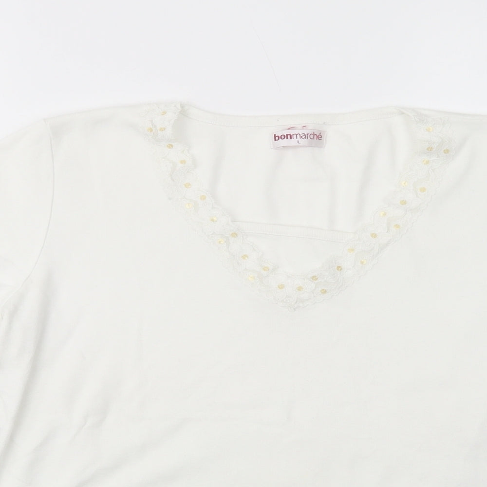 Bonmarché Womens White  Cotton Basic T-Shirt Size L V-Neck - Lace Detail