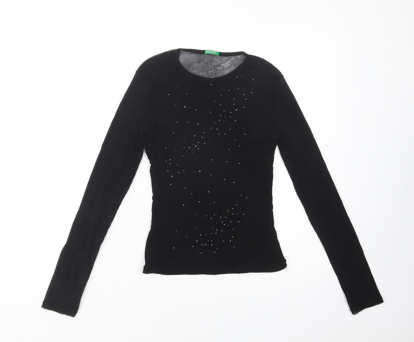 United Colors of Benetton Womens Black  Polyester Basic Blouse Size S Crew Neck