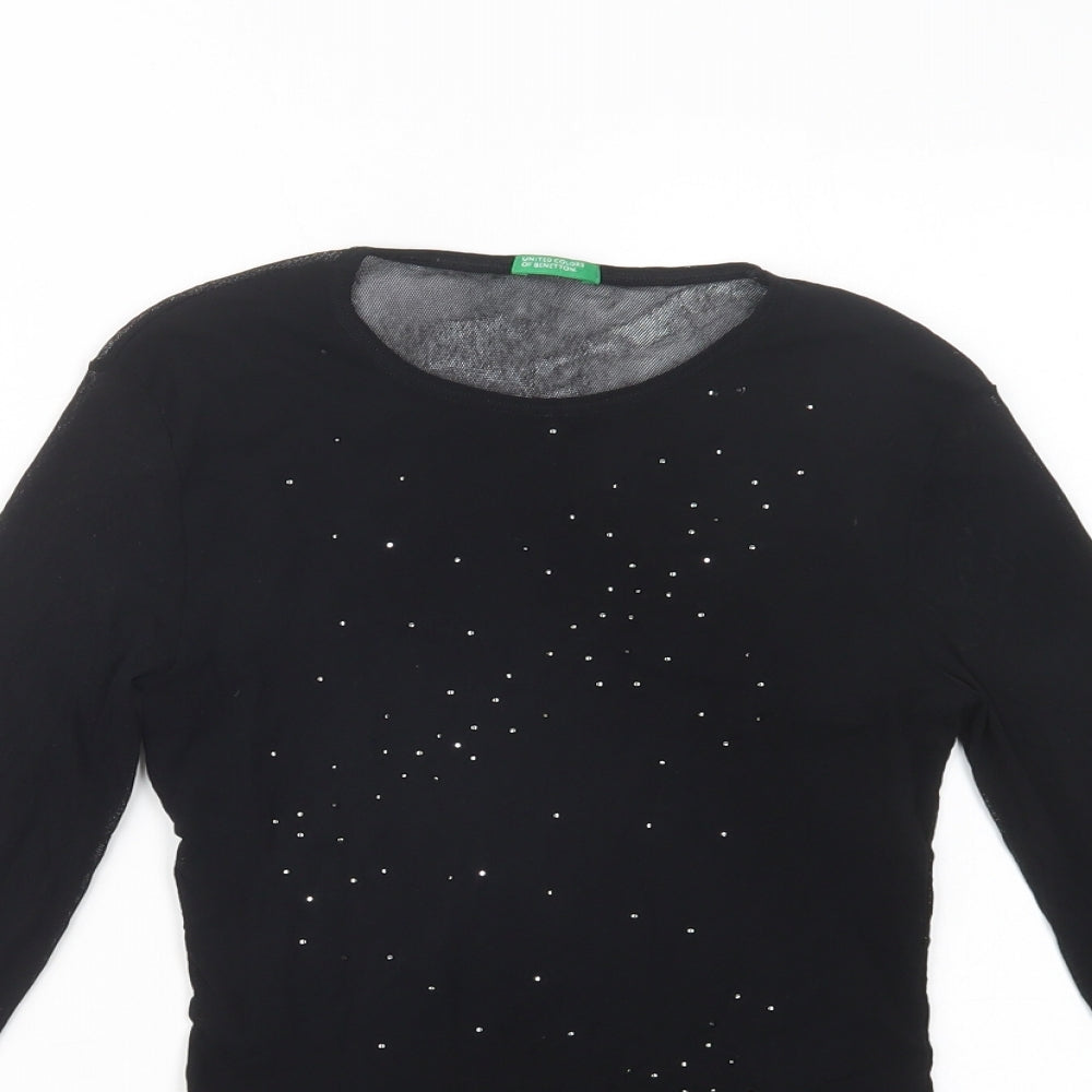United Colors of Benetton Womens Black  Polyester Basic Blouse Size S Crew Neck