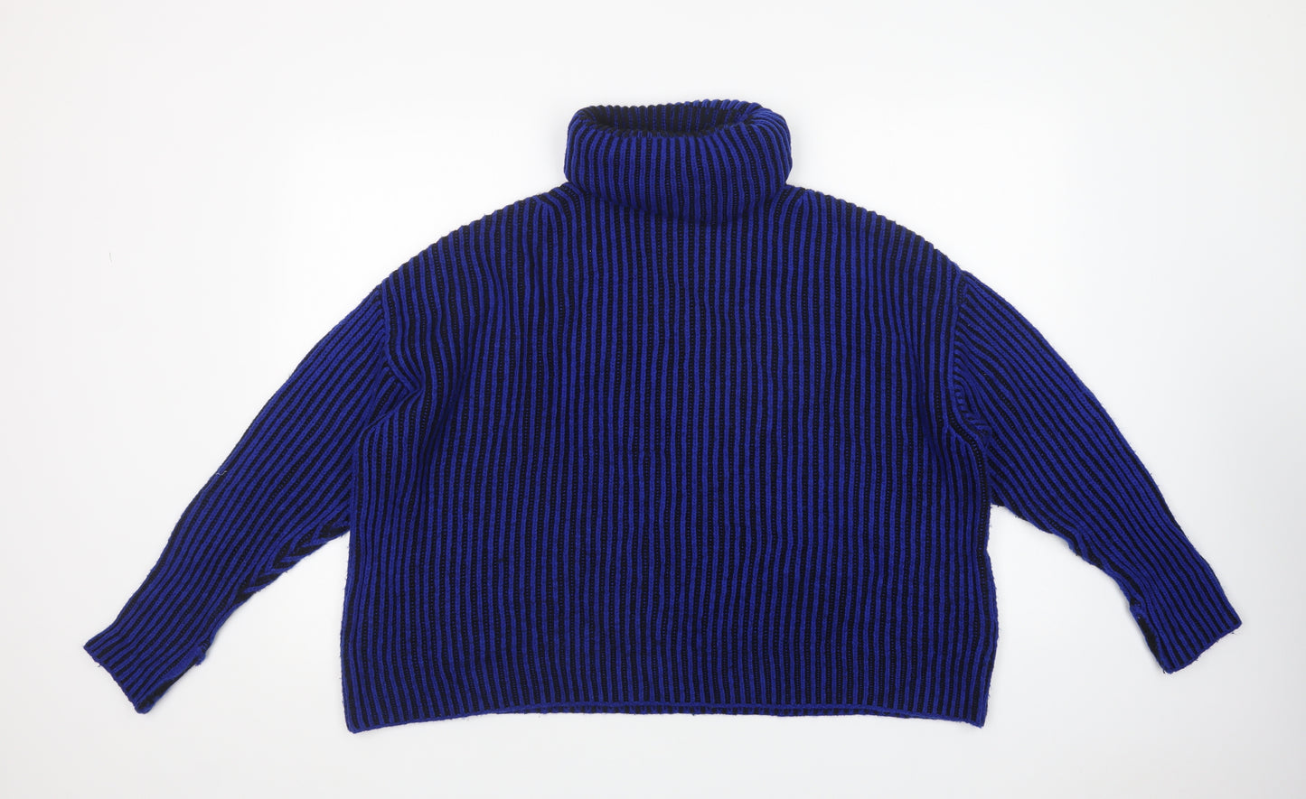 Zara Womens Blue Roll Neck Striped Nylon Pullover Jumper Size M