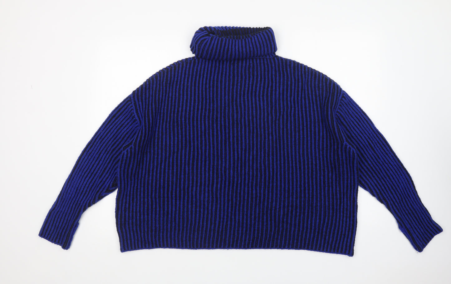 Zara Womens Blue Roll Neck Striped Nylon Pullover Jumper Size M