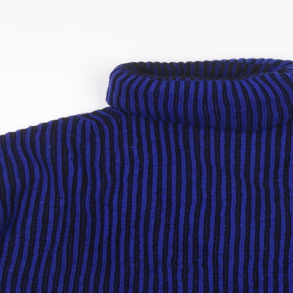 Zara Womens Blue Roll Neck Striped Nylon Pullover Jumper Size M