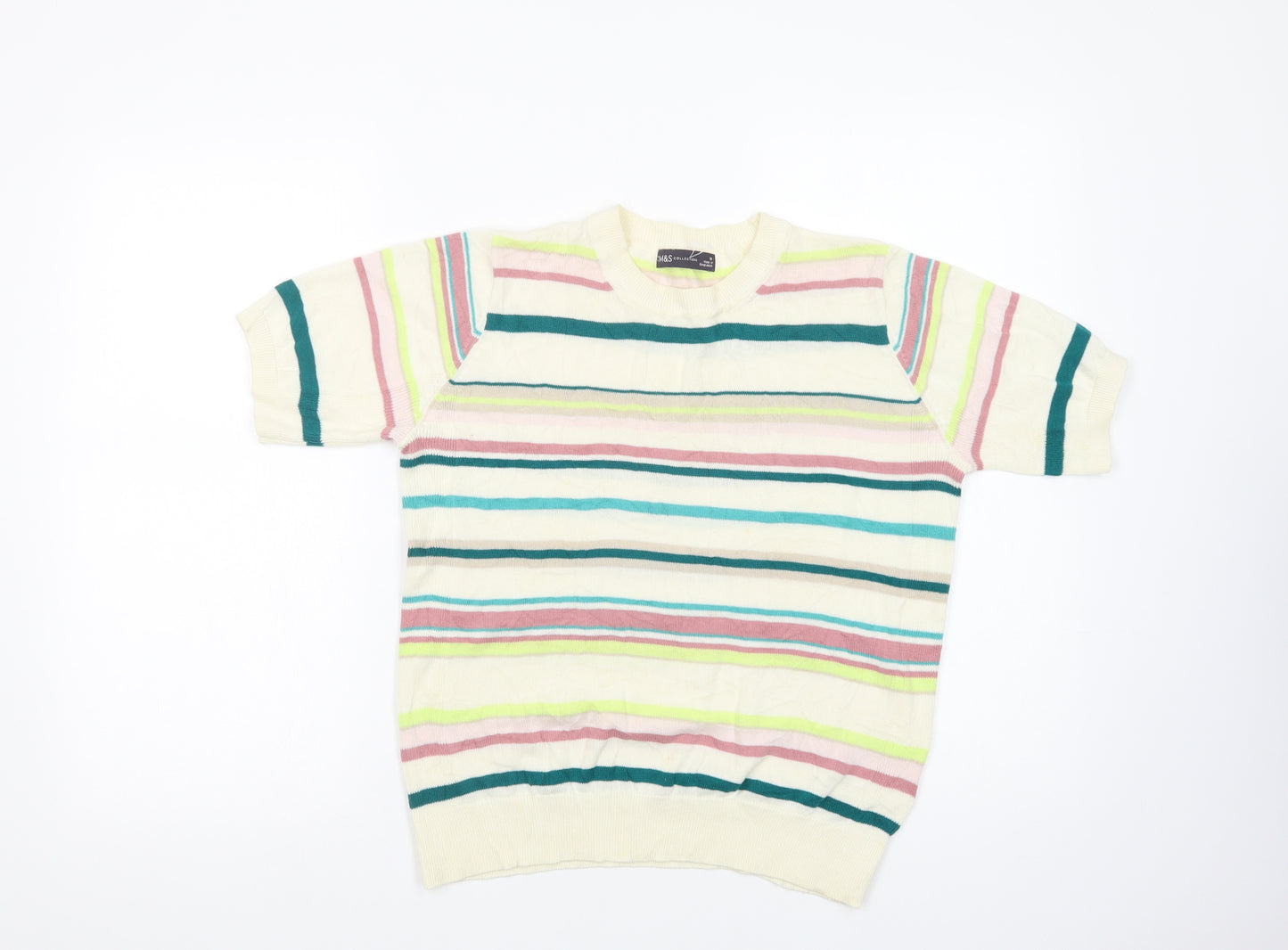 Marks and Spencer Womens Ivory Crew Neck Striped Cotton Pullover Jumper Size 10