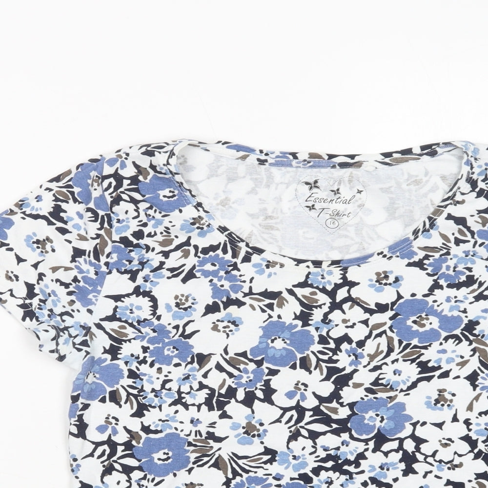 Debenhams Womens Blue Floral Cotton Basic Polo Size 16 Scoop Neck