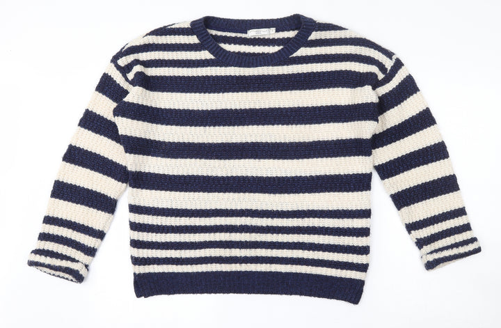 New Look Womens Blue Round Neck Striped Acrylic Pullover Jumper Size 8