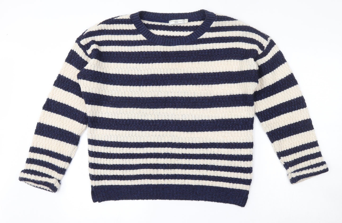 New Look Womens Blue Round Neck Striped Acrylic Pullover Jumper Size 8