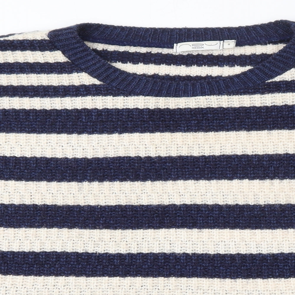 New Look Womens Blue Round Neck Striped Acrylic Pullover Jumper Size 8