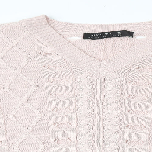 Religion Womens Pink V-Neck  Cotton Pullover Jumper Size 8