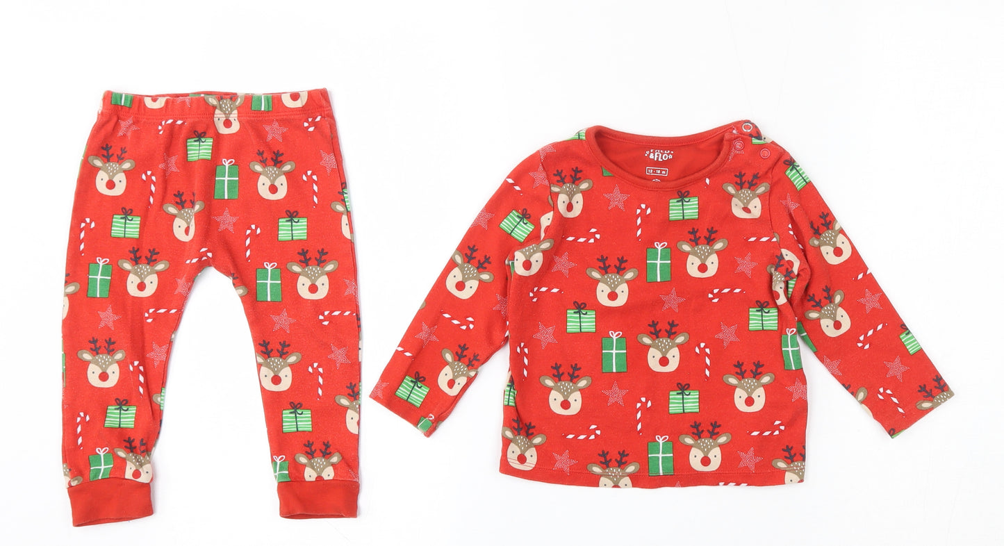 F&F Boys Red Geometric 100% Cotton Chemise Pyjama Set Size 12-18 Months   - Christmas