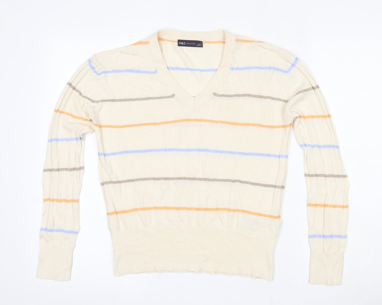 Marks and Spencer Womens Beige V-Neck Striped Viscose Pullover Jumper Size S