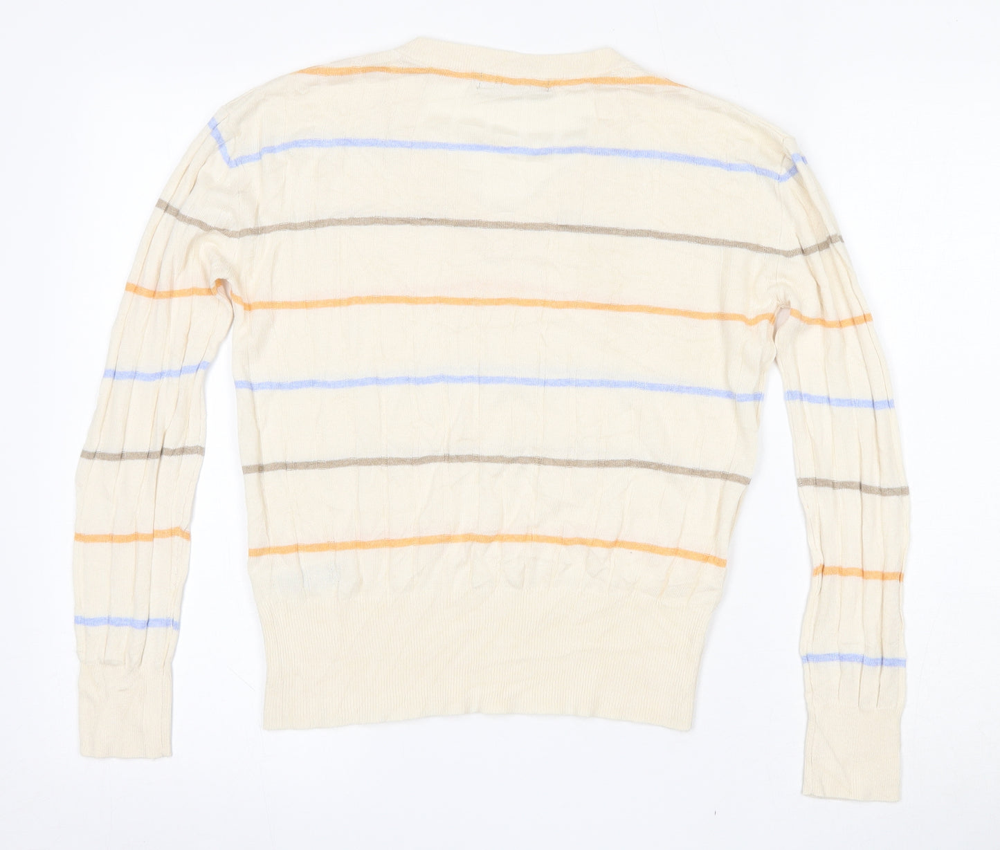 Marks and Spencer Womens Beige V-Neck Striped Viscose Pullover Jumper Size S