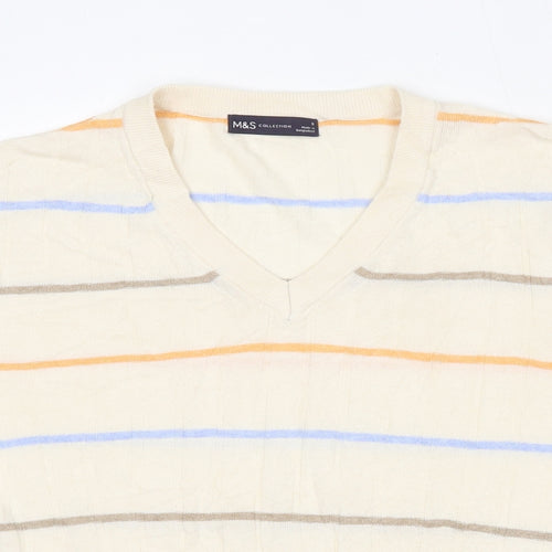 Marks and Spencer Womens Beige V-Neck Striped Viscose Pullover Jumper Size S