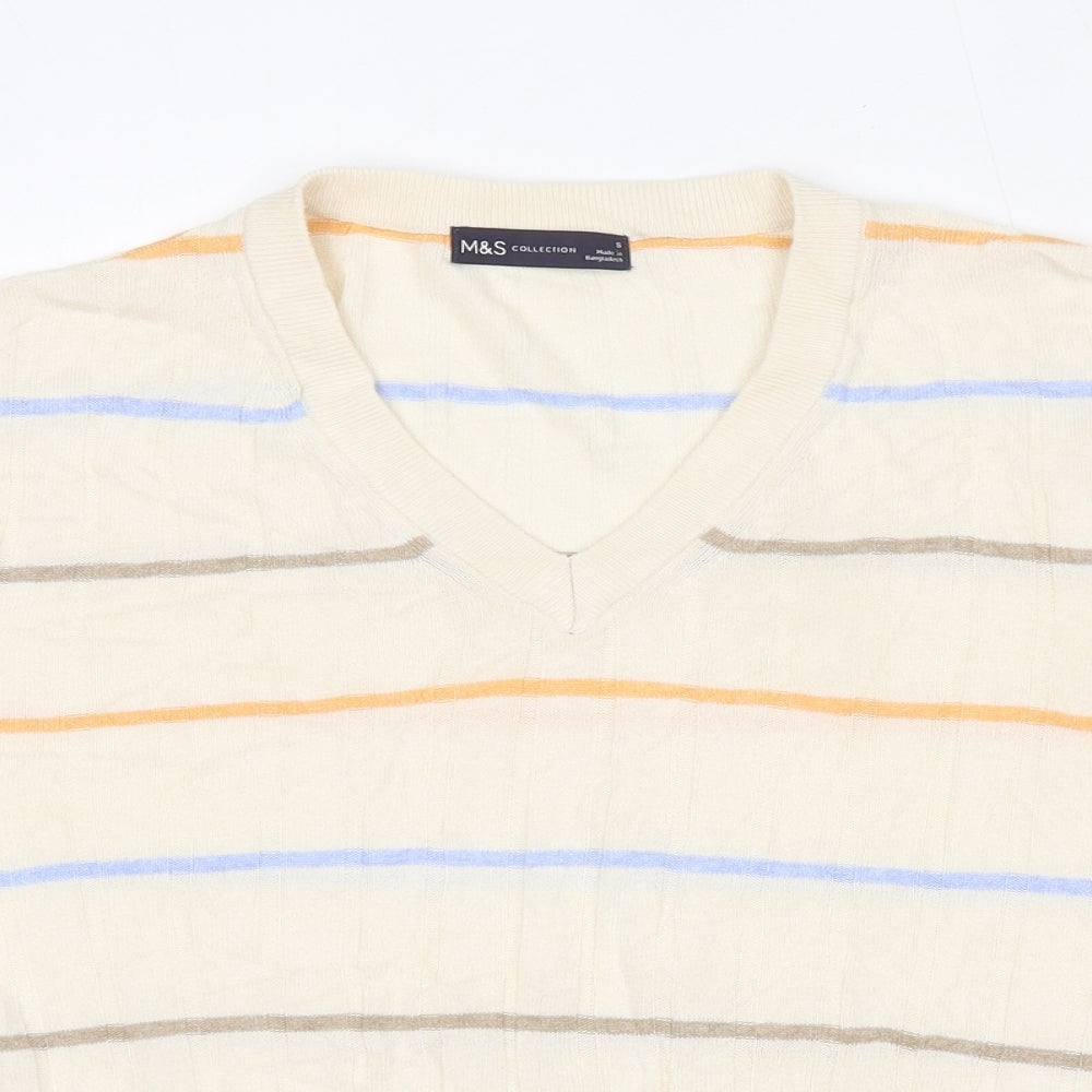 Marks and Spencer Womens Beige V-Neck Striped Viscose Pullover Jumper Size S