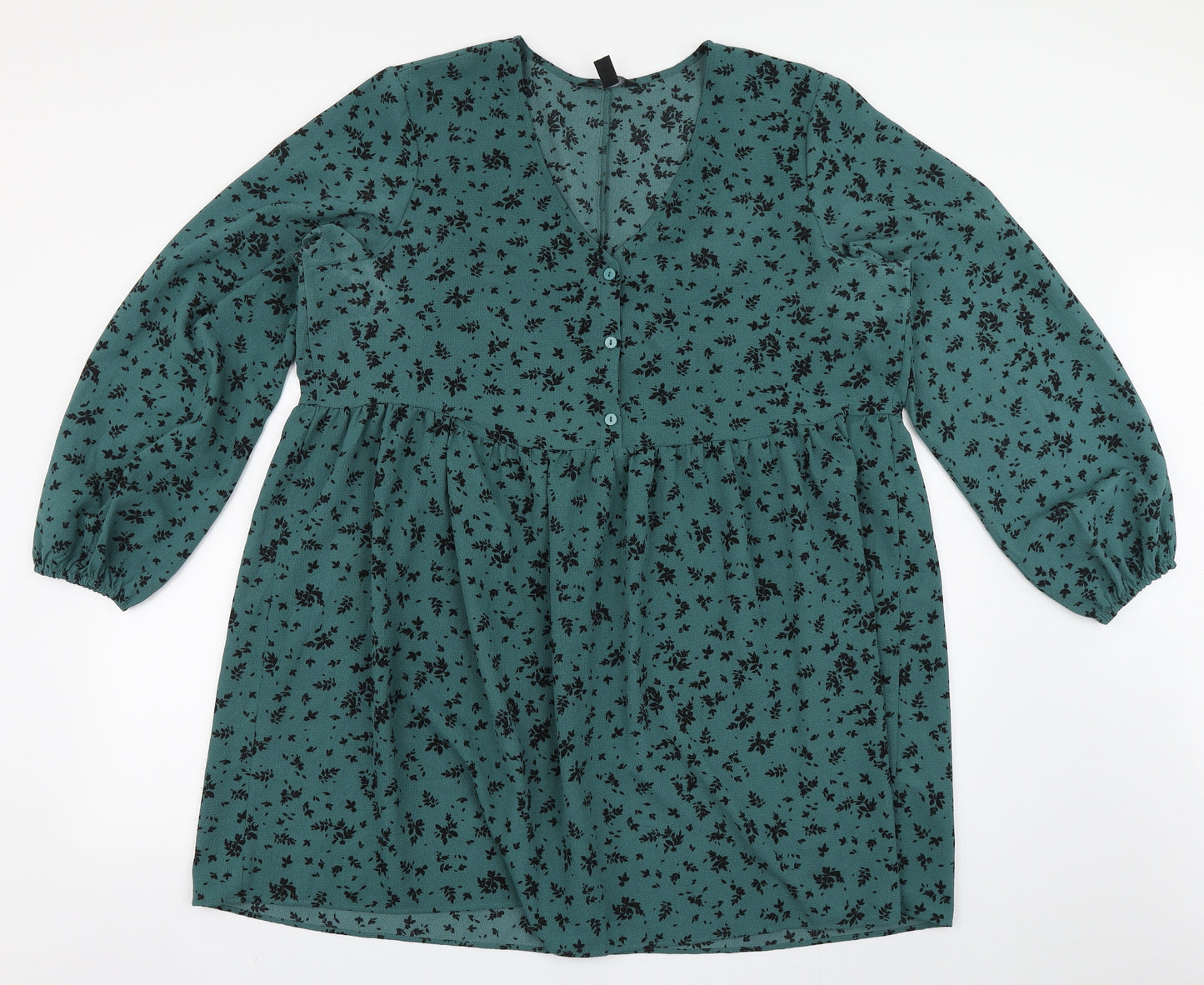 New Look Womens Green Floral Polyester Fit & Flare  Size 16  V-Neck Button