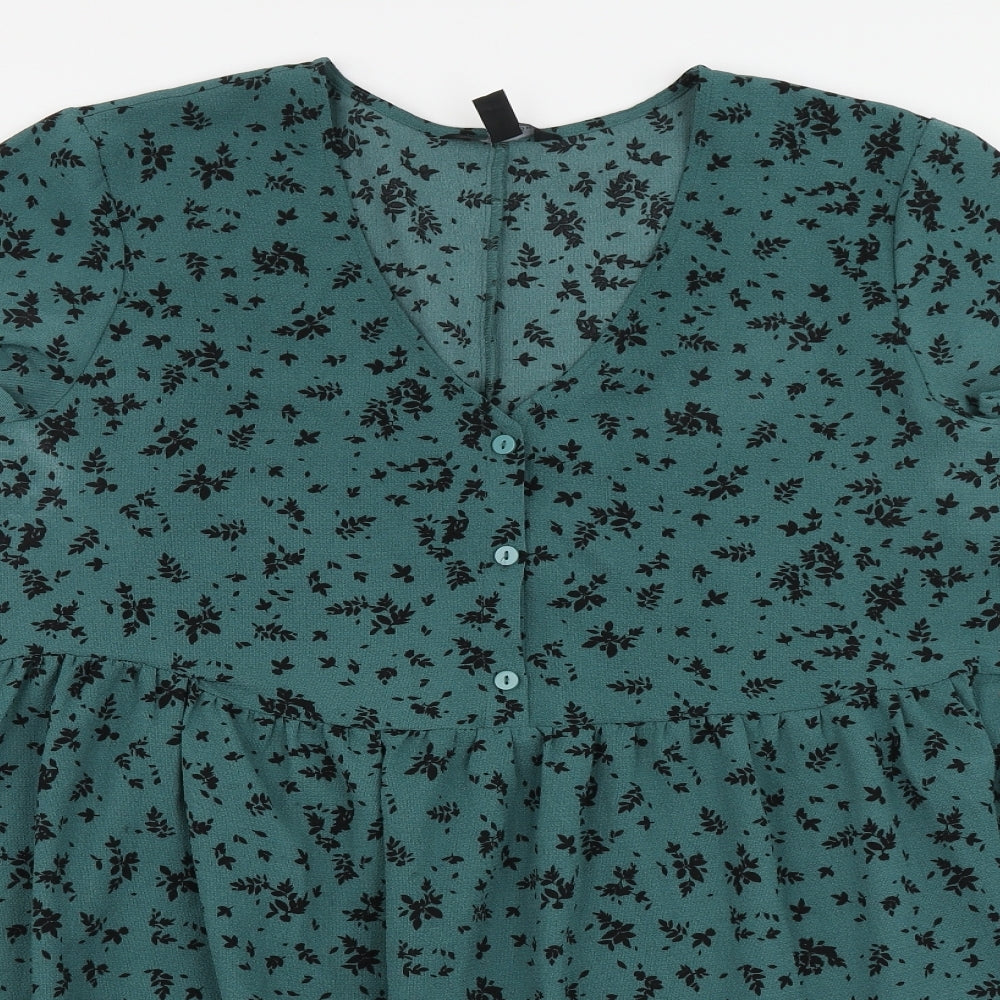 New Look Womens Green Floral Polyester Fit & Flare  Size 16  V-Neck Button