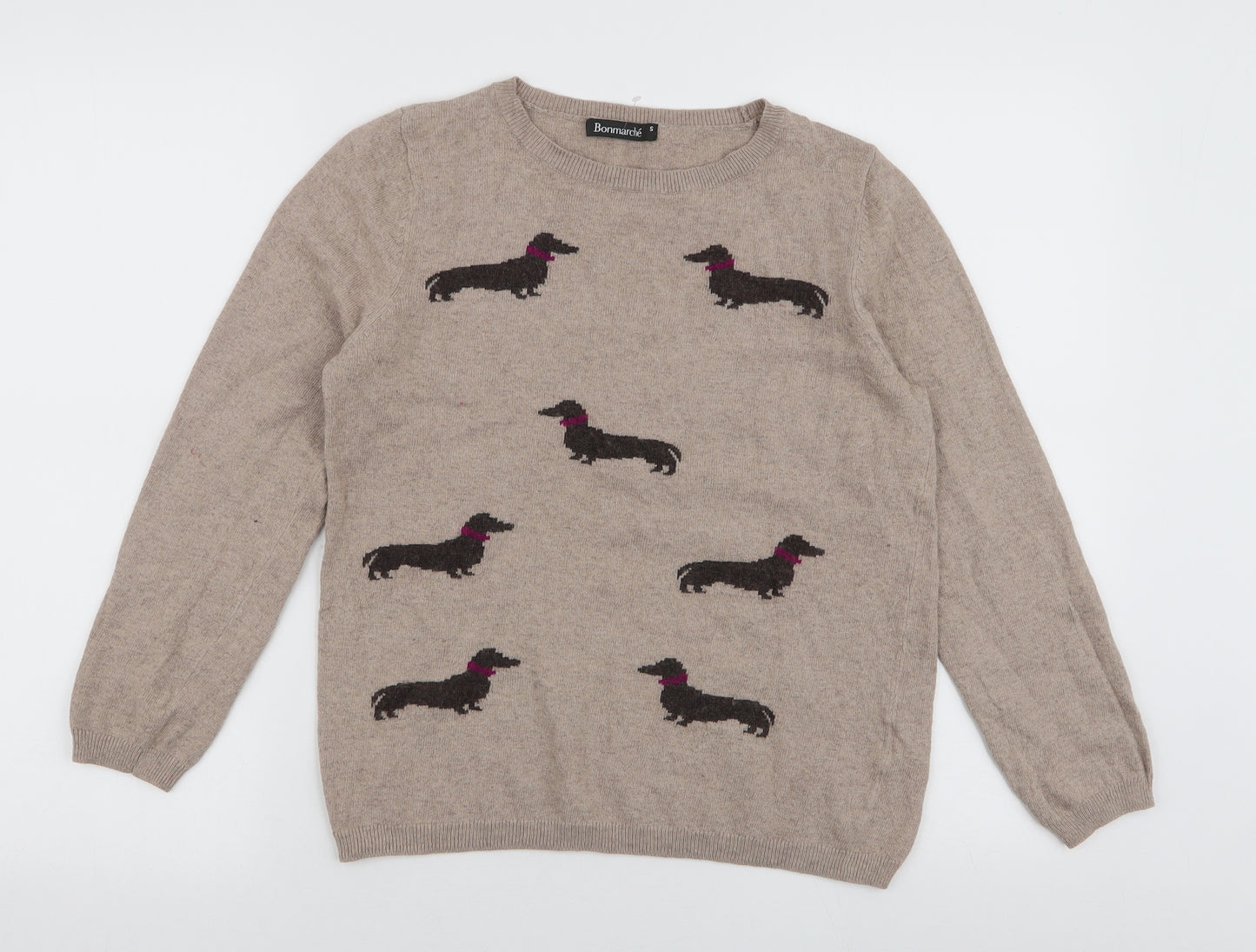 Bonmarche Womens Beige Round Neck  Cotton Pullover Jumper Size S   - Sausage Dog