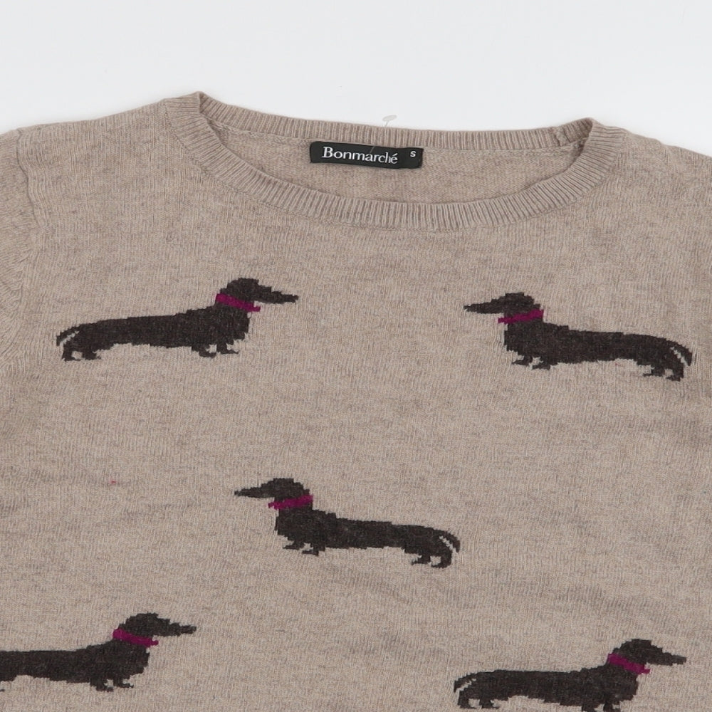 Bonmarche Womens Beige Round Neck  Cotton Pullover Jumper Size S   - Sausage Dog
