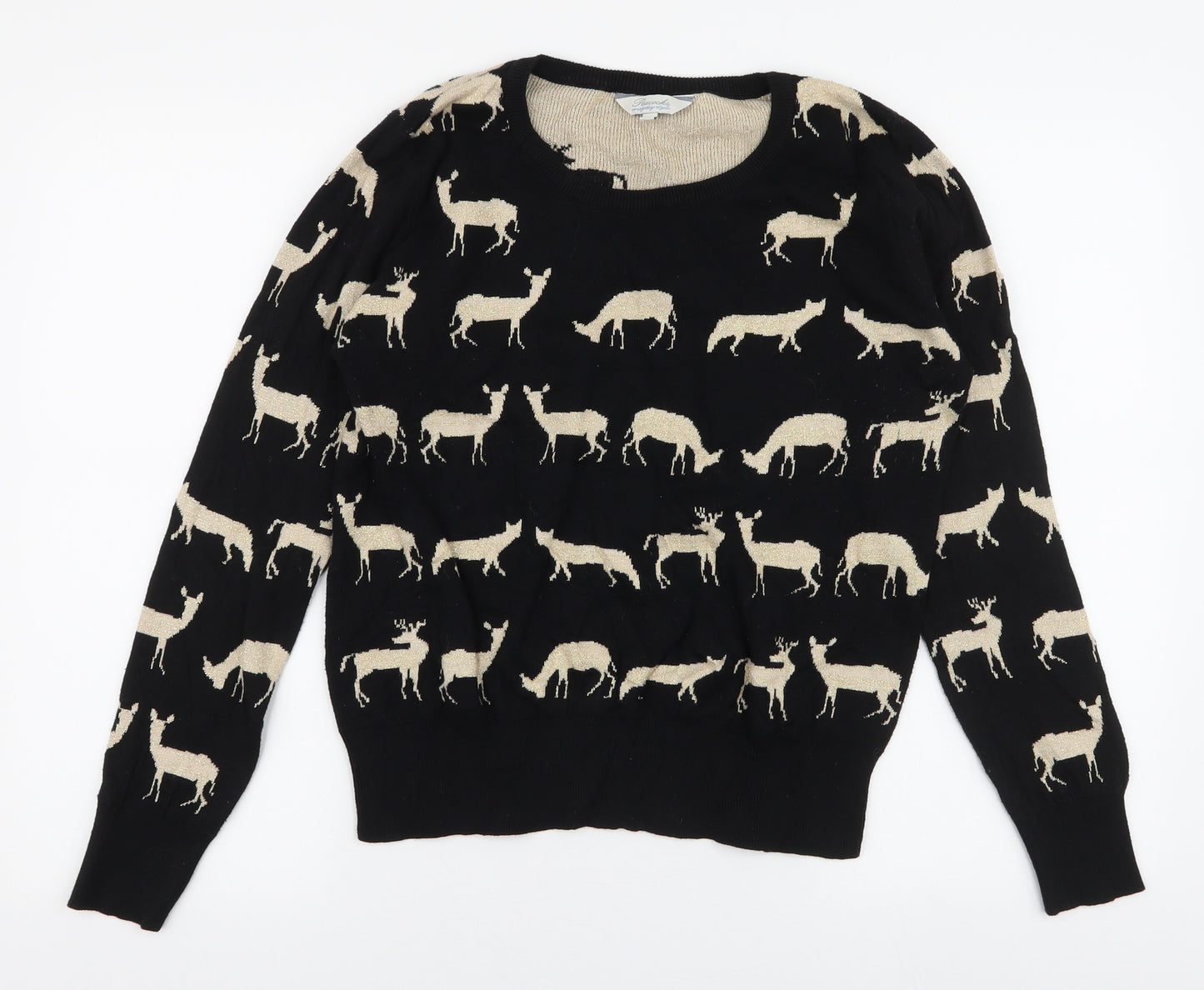 Peacocks Womens Black Round Neck  Cotton Pullover Jumper Size 14   - Deer